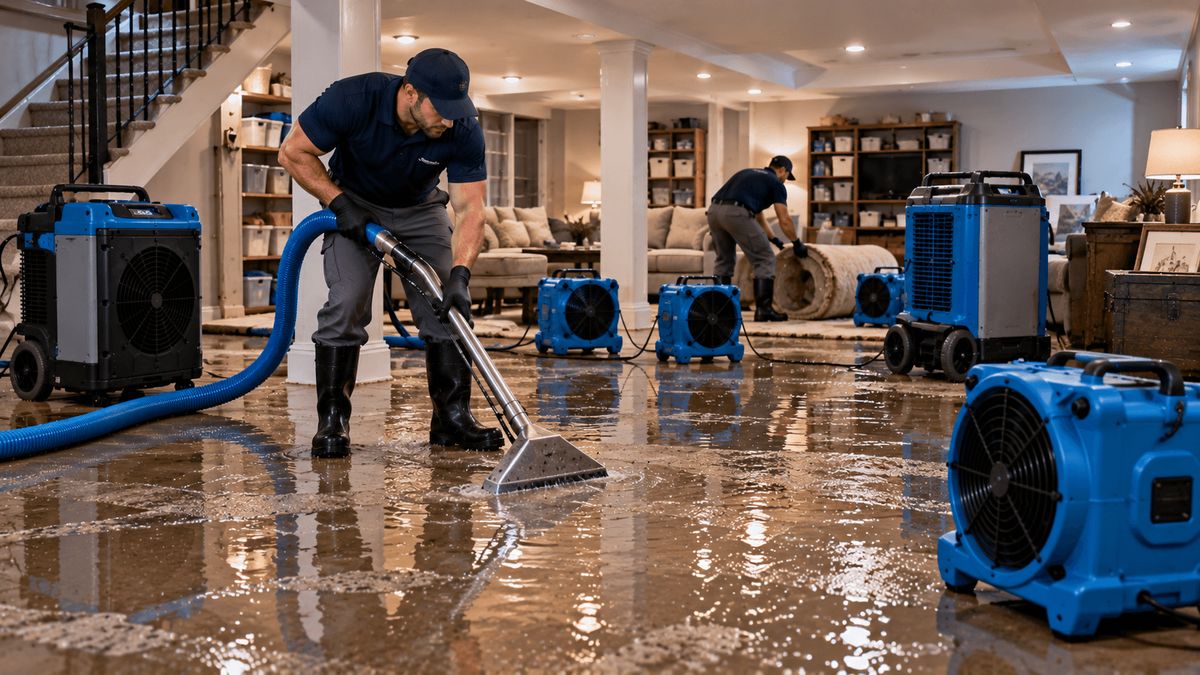 Water being extracted from a flooded finished basement while air movers and dehumidifiers dry the space