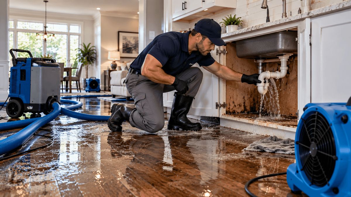 Water spraying from a broken drain pipe under a kitchen sink onto a wet hardwood floor, with drying equipment nearby