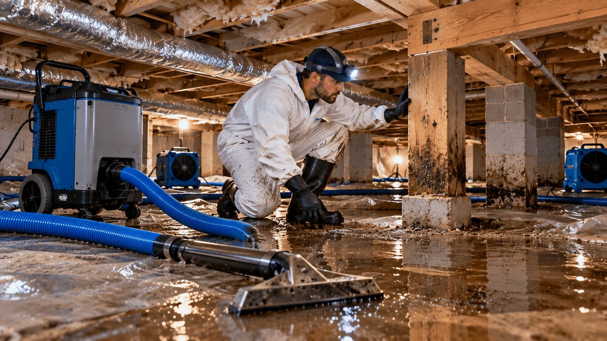 Standing water in a pier-and-beam crawl space with stained wood posts, a dehumidifier, and air movers