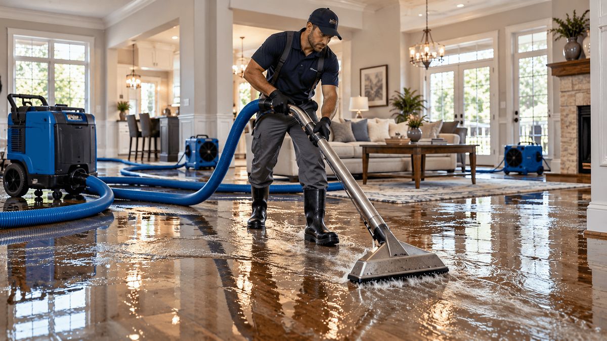 Technician running a water extraction wand across a flooded hardwood floor while air movers and a dehumidifier run in the living room