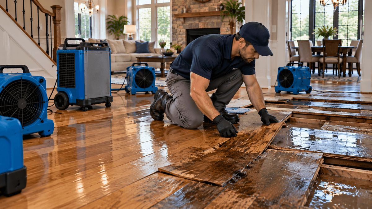 Water-damaged hardwood planks being lifted from a wet floor while air movers dry the room