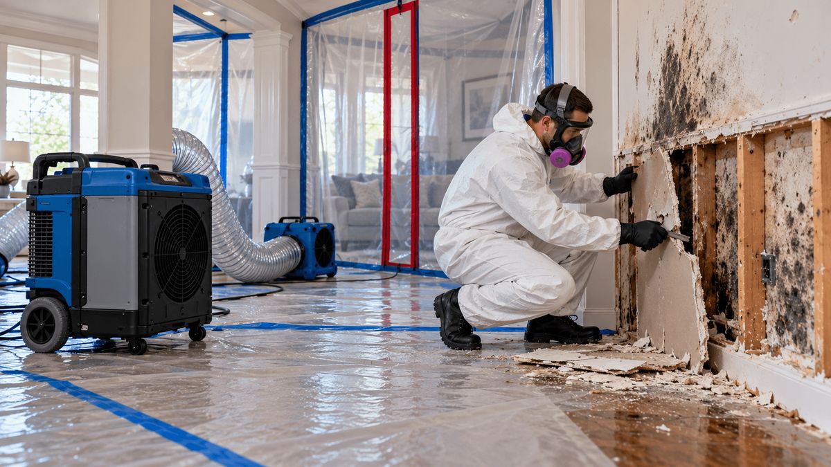 Moldy drywall being cut out inside plastic containment with a zippered door and an air scrubber running