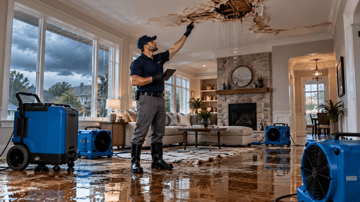 Collapsed, water-stained ceiling dripping into a living room during a rainstorm, with air movers on the wet floor