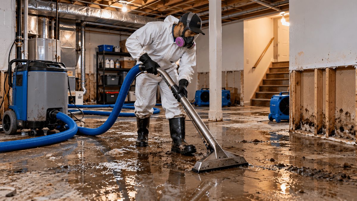 Worker in a protective suit and respirator extracting contaminated water from a flooded basement floor