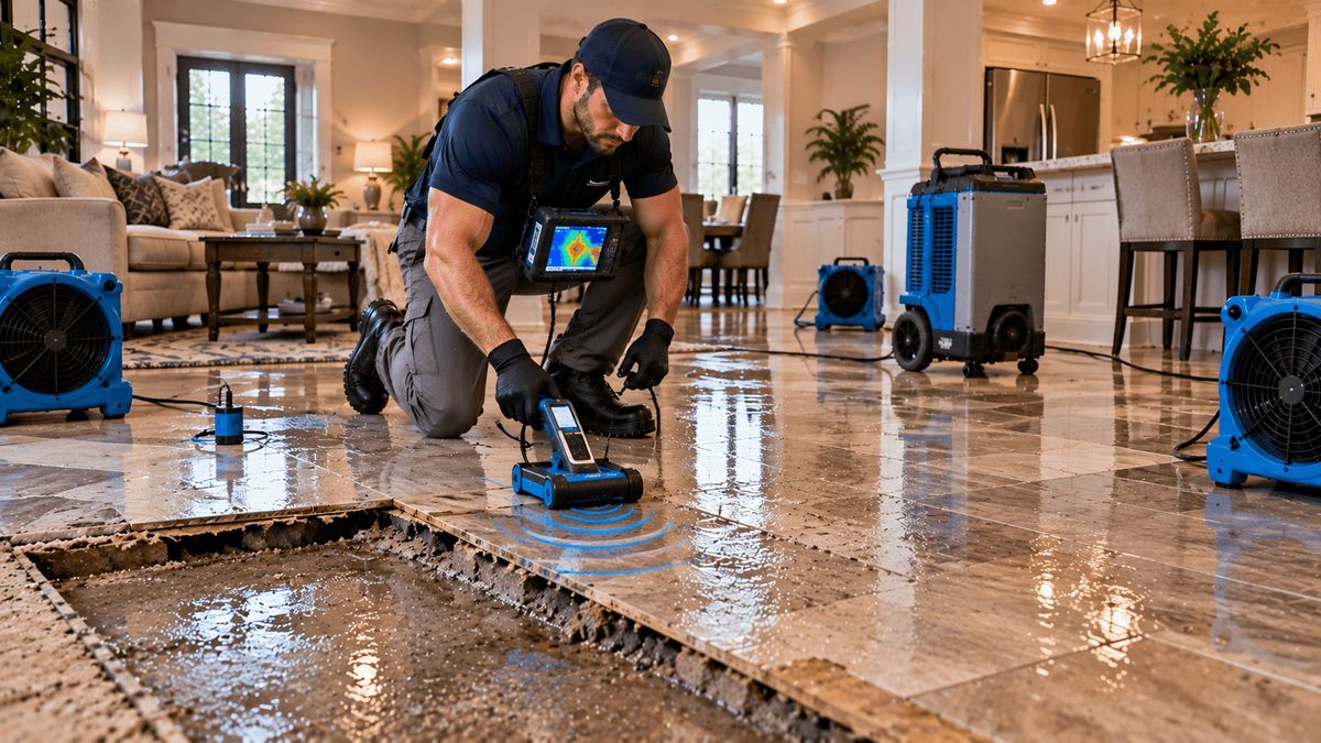Leak detection equipment on a wet tile floor next to an opening cut down to the concrete slab