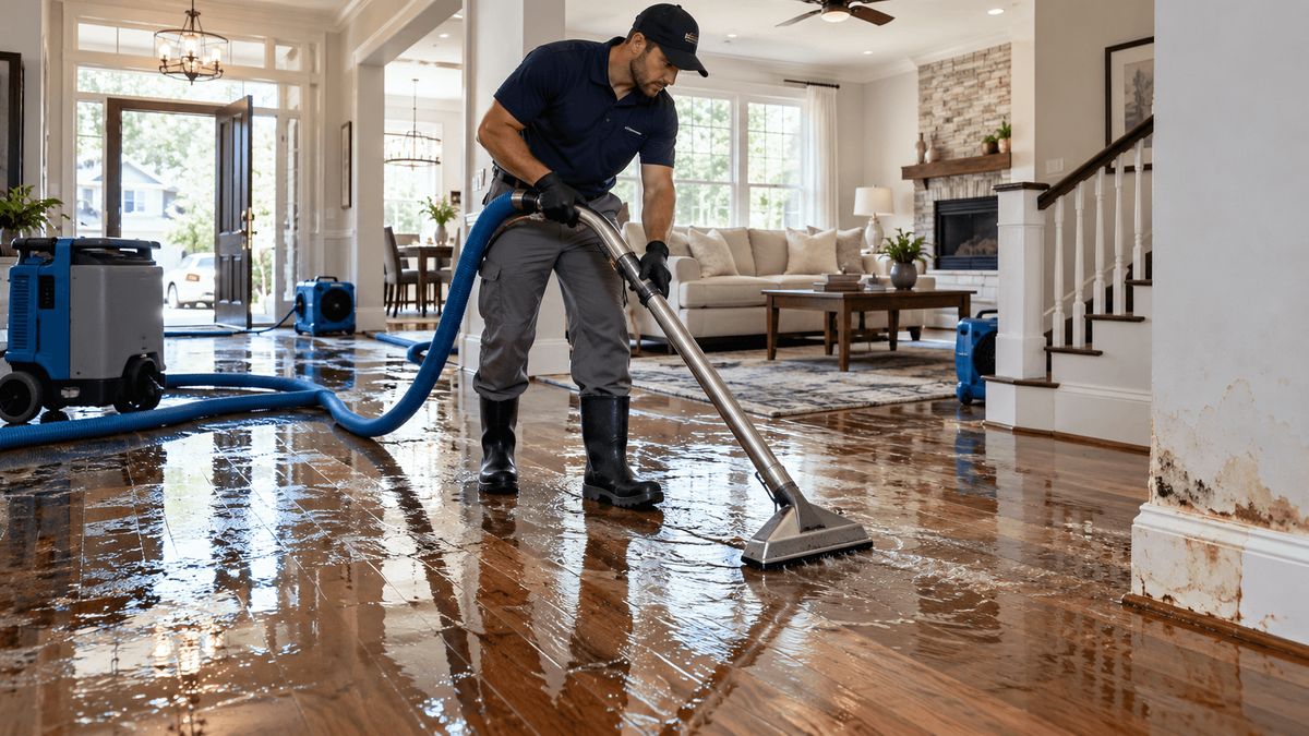 Technician extracting water from a flooded hardwood floor in a two-story home's entry and living room